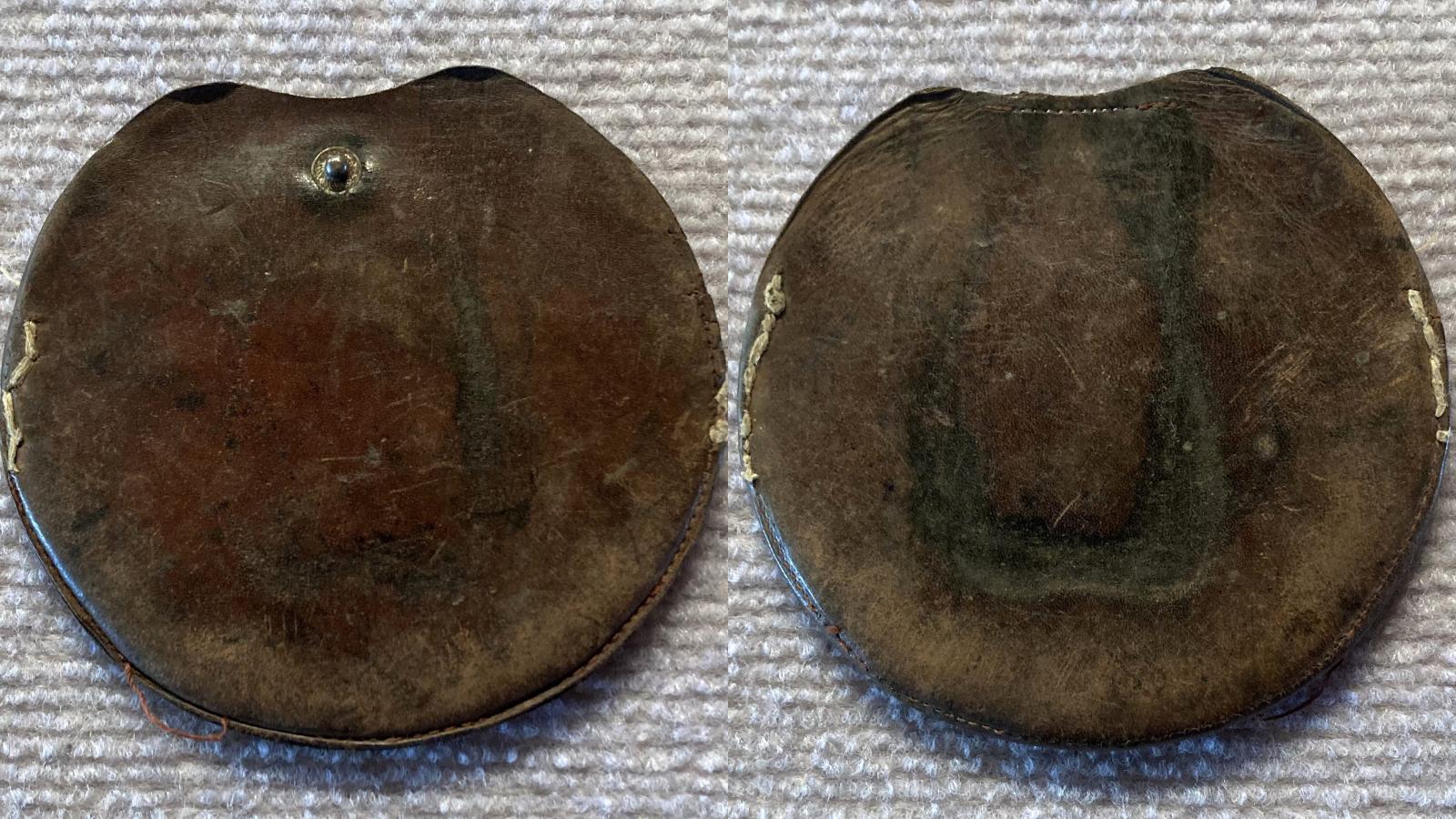 Collage showing front and back of WWI shaving mirror leather cover