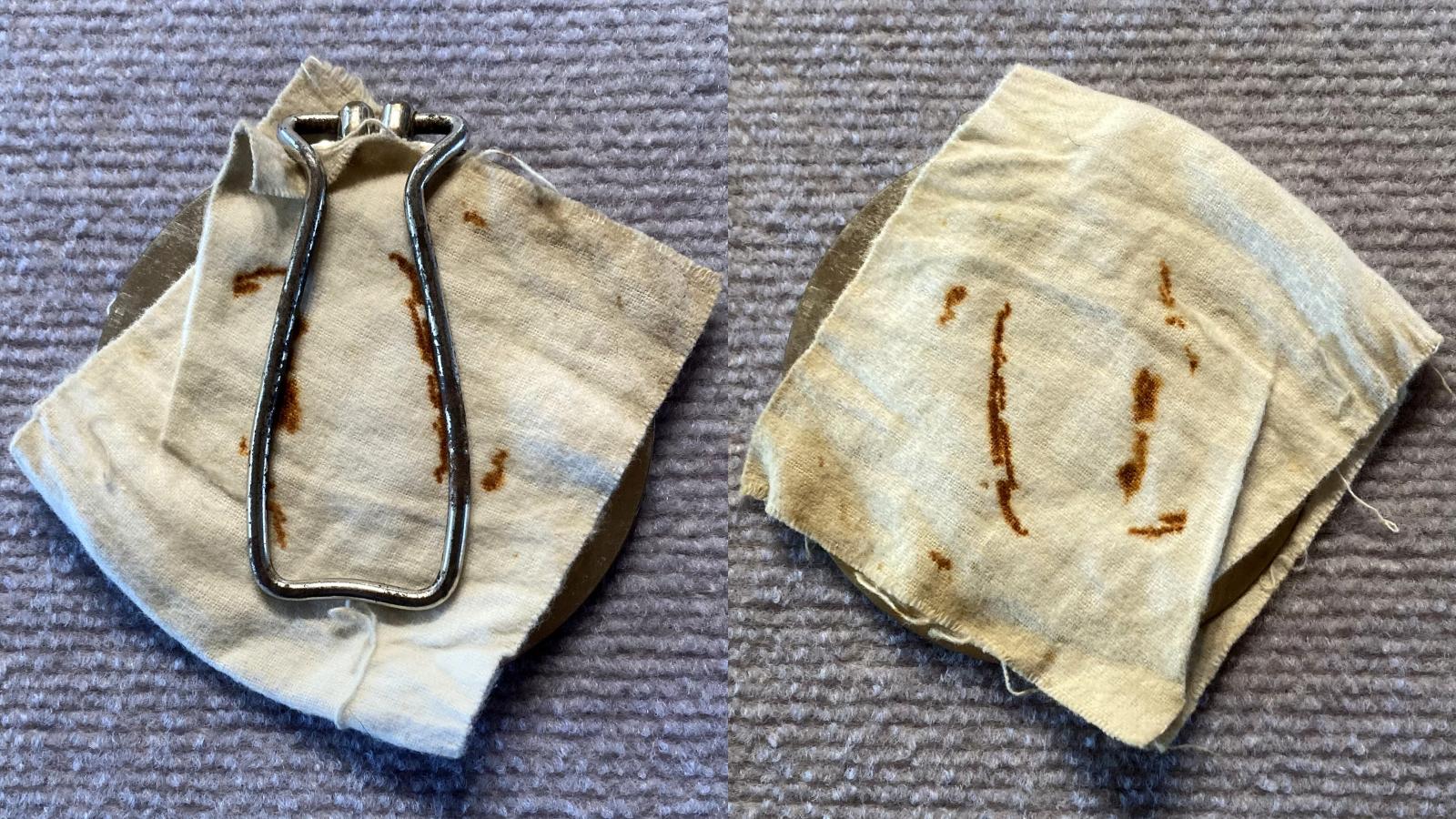 Collage showing cloth cover on WWI shaving mirror