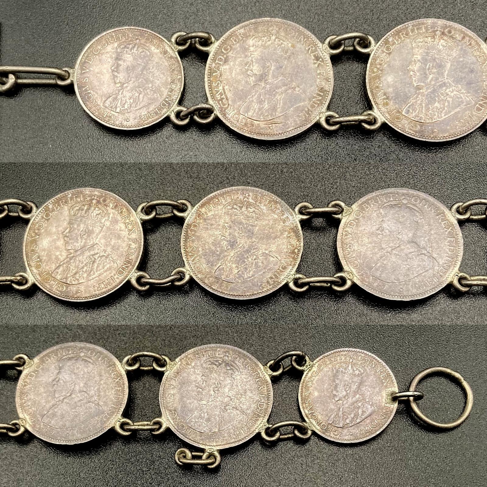 Collage of close up sections of reverse of trench art coin bracelet made from sixpences and threepences