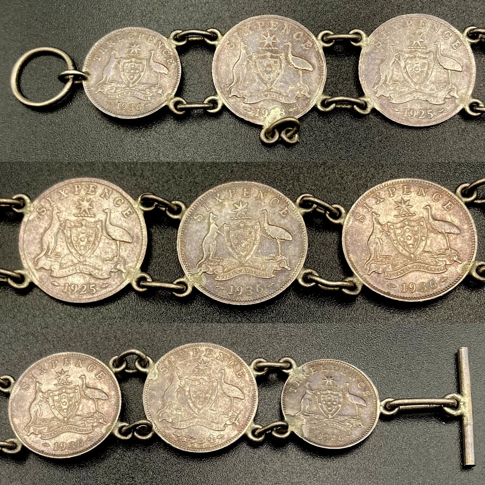 Collage of sections of trench art coin bracelet made from sixpences and threepences