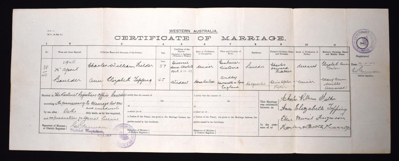 Certificate of Marriage of Charles William FIEDLER to Ann Elizabeth TOPPING