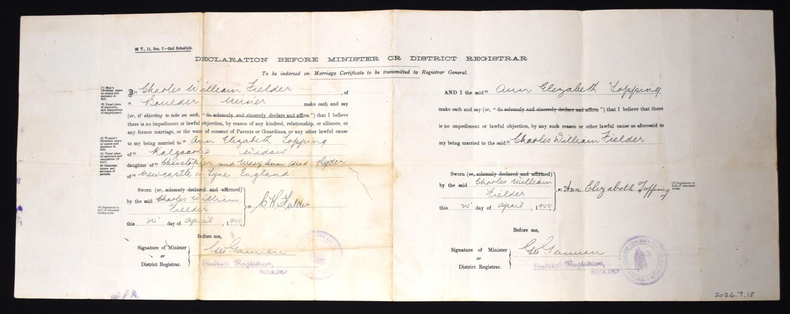 Certificate of Marriage of Charles William FIEDLER to Ann Elizabeth TOPPING