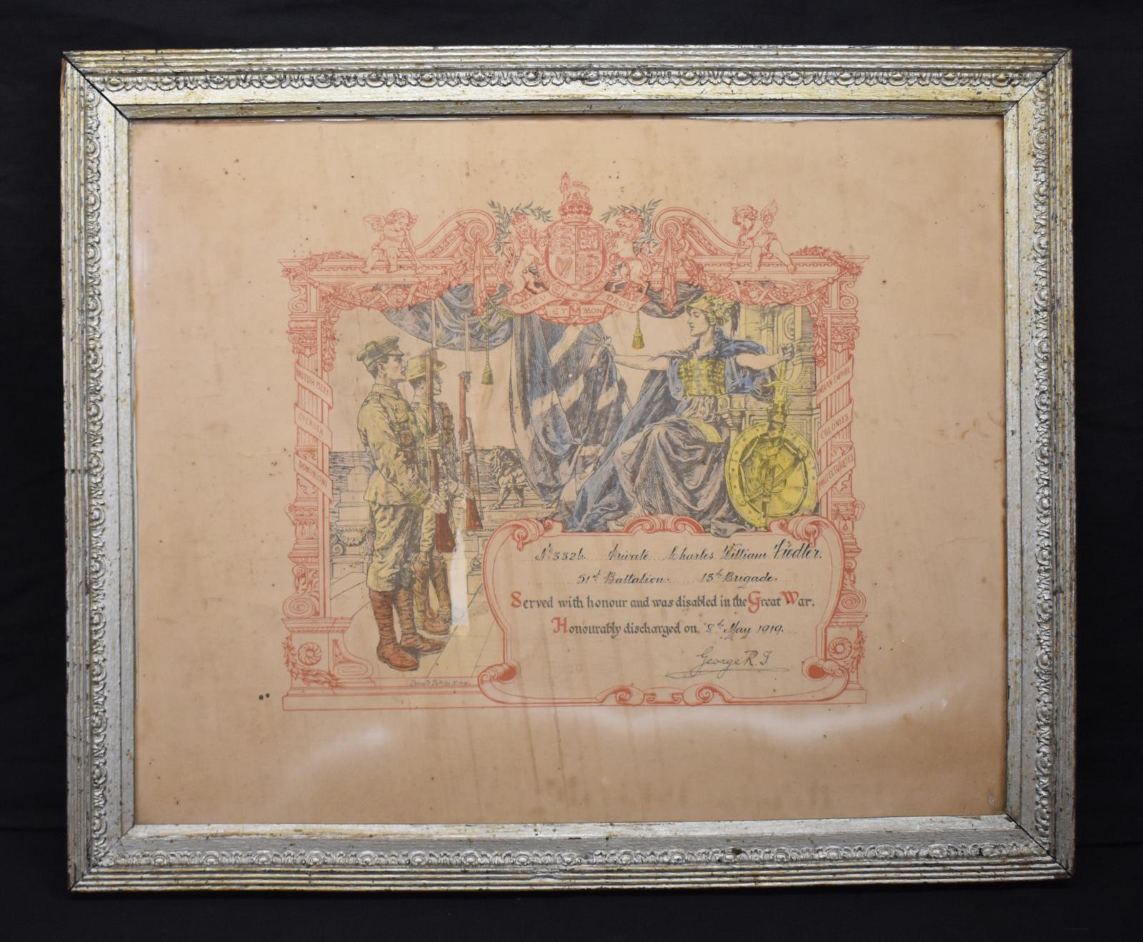 First World War Framed ‘Certificate of Discharge’ Issued to Private Charles William FIEDLER, 3326