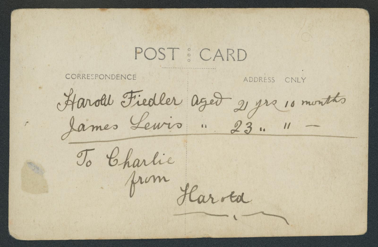 First World War Photographic Postcard of Pte Harold FIEDLER, 3326 and Pte James LEWIS