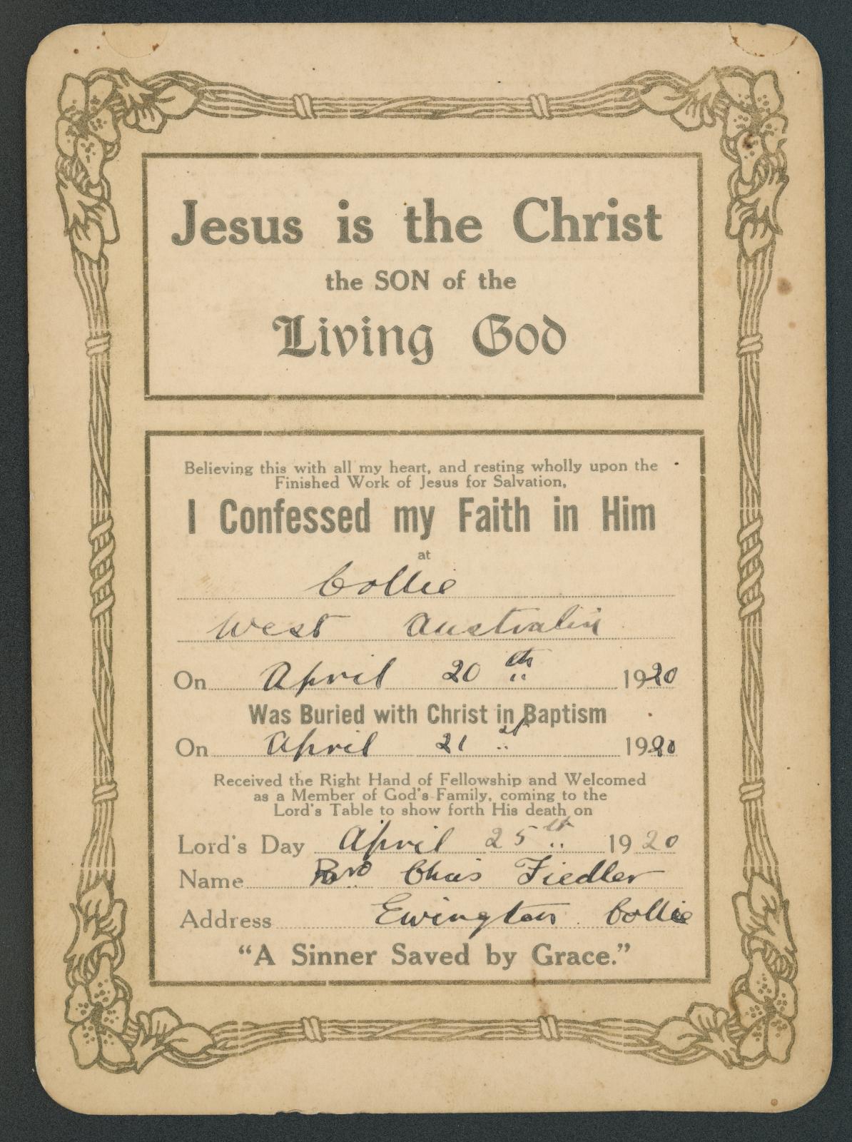 Baptism Card of Charles William FIEDLER