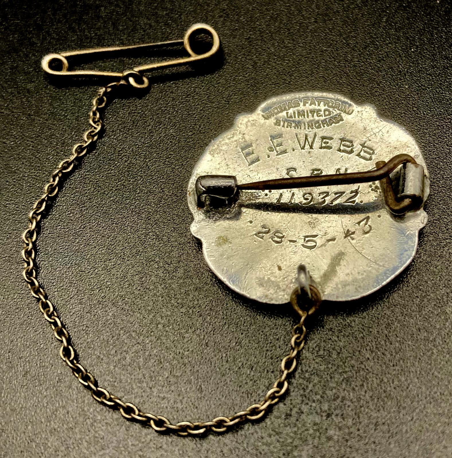 Reverse of The General Nursing Council for England and Wales badge presented to E.E. Webb 1943 - pin closed