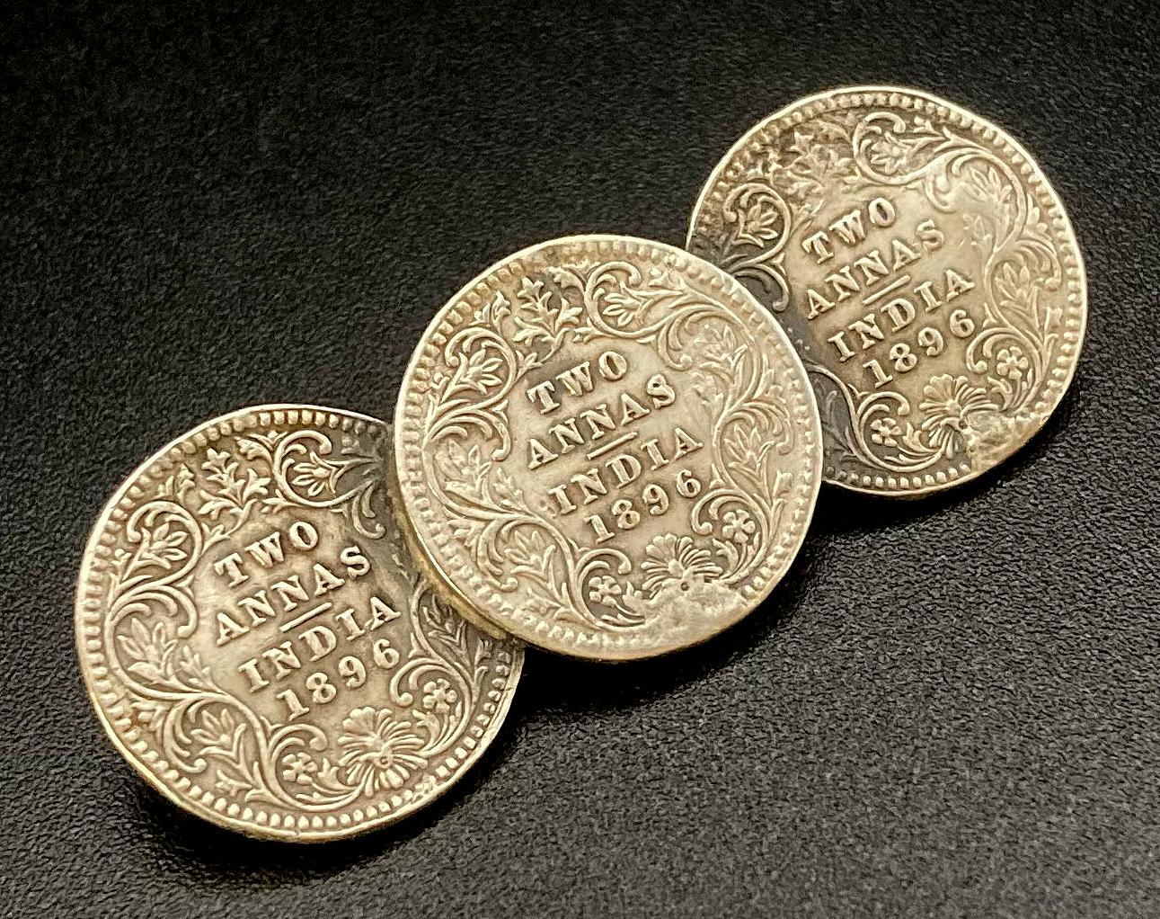 Angled view of sweetheart brooch made from three Indian Two Annas coins - 1896