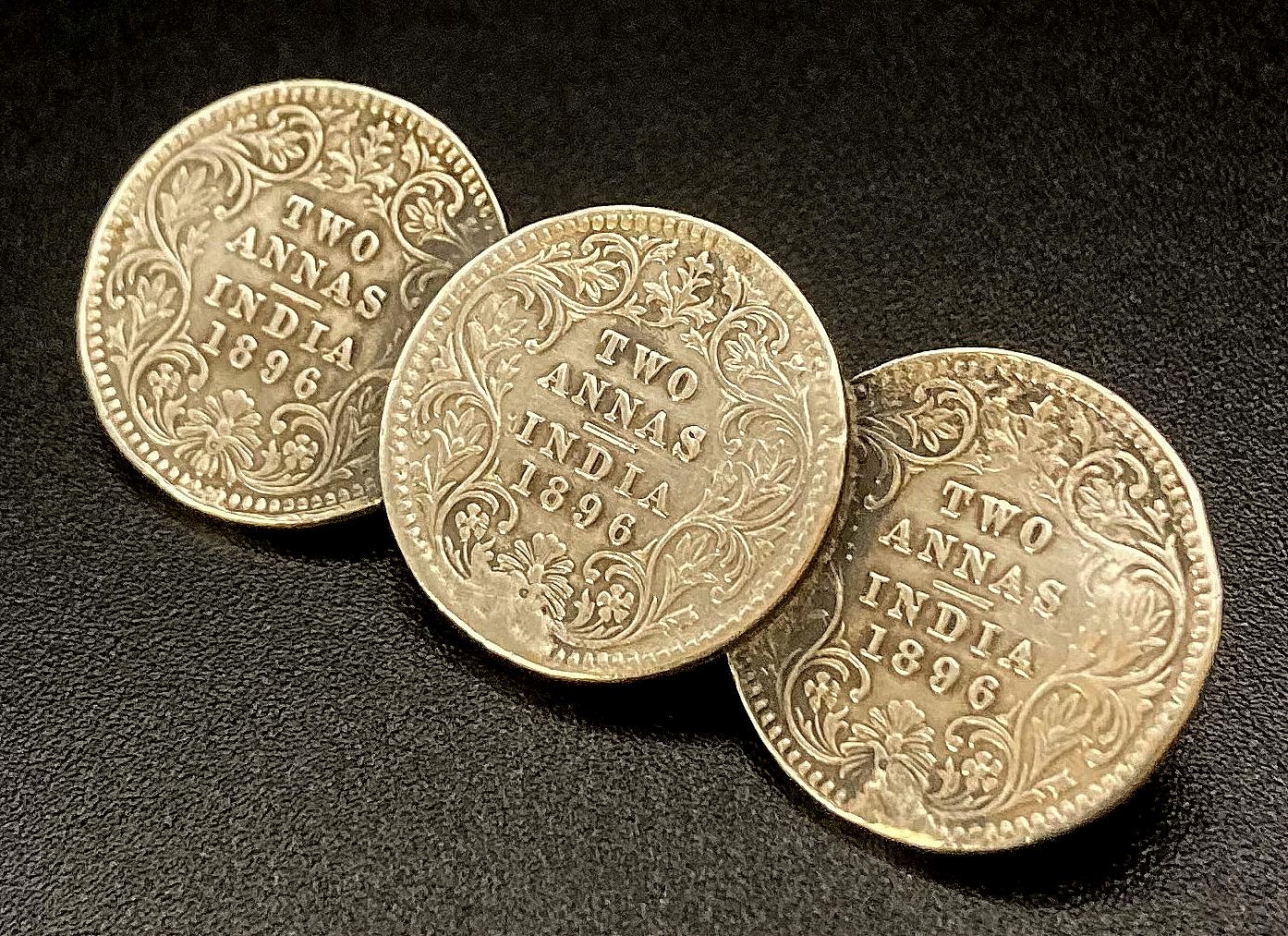Other angled view of sweetheart brooch made from three Indian Two Annas coins - 1896