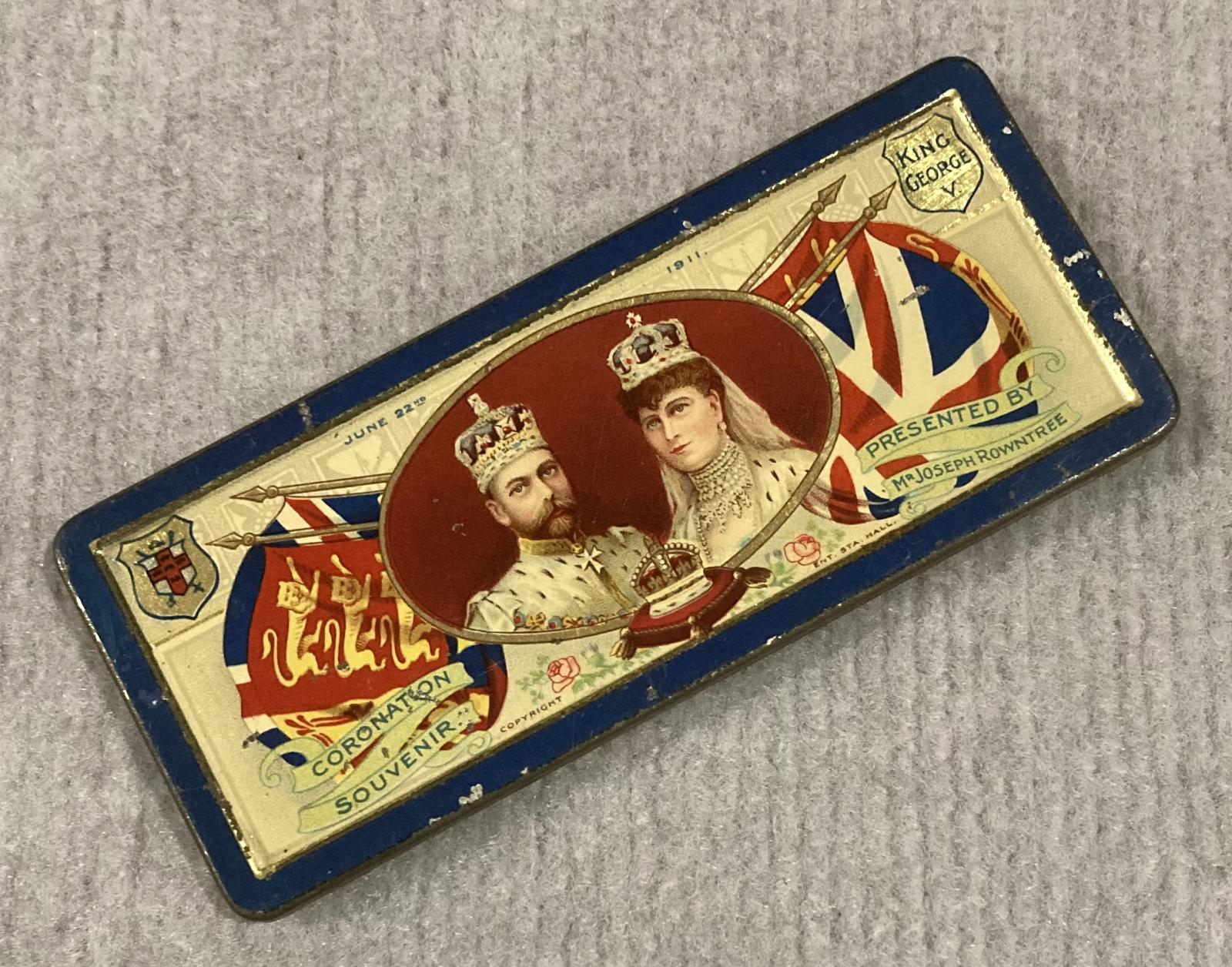 Angled view of souvenir chocolate tin - Coronation of King George V and Queen Mary (1911)