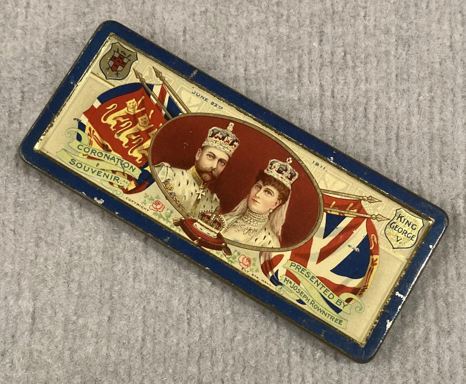 Other angled view of souvenir chocolate tin - Coronation of King George V and Queen Mary (1911)