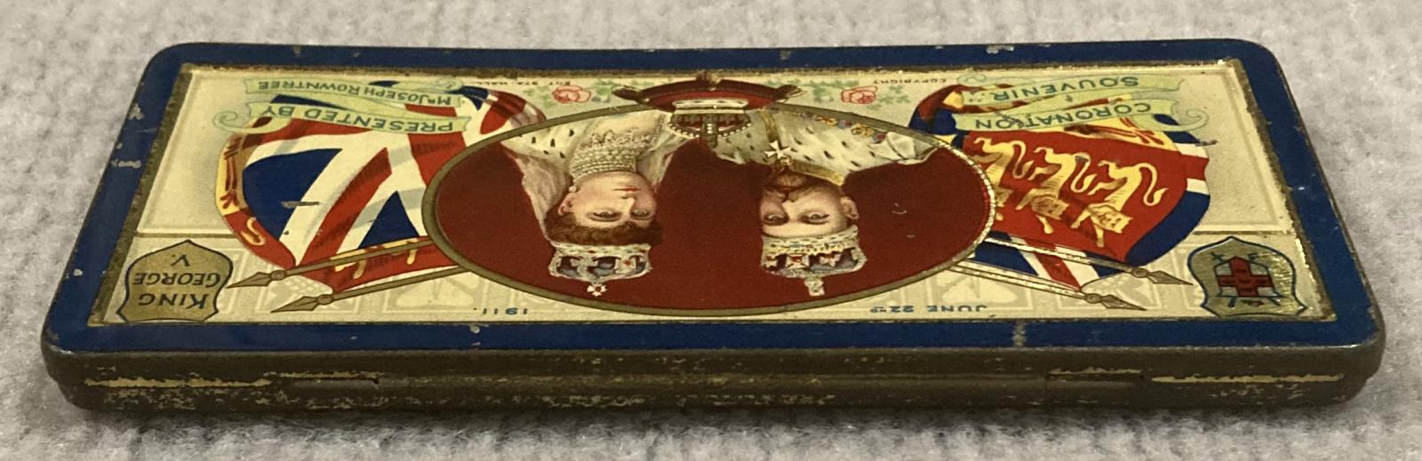 Oblique view from back of souvenir chocolate tin - Coronation of King George V and Queen Mary (1911)