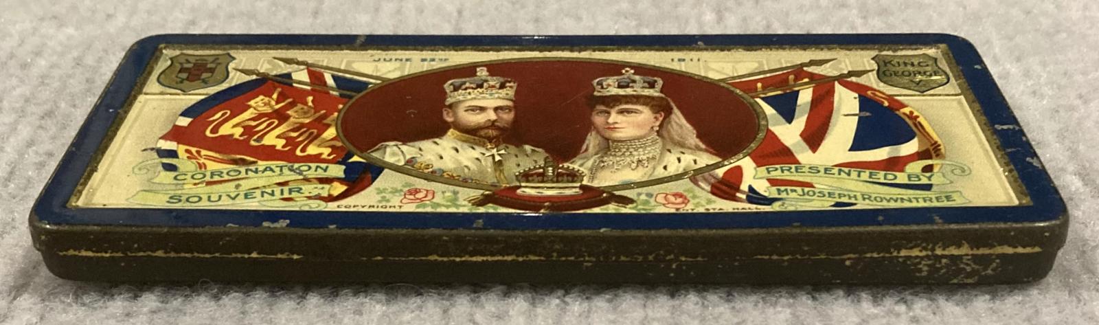 Oblique view from front of souvenir chocolate tin - Coronation of King George V and Queen Mary (1911)
