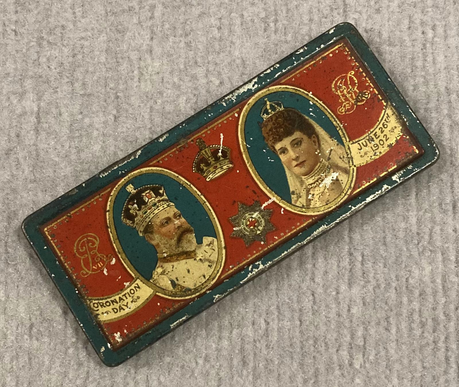 Angled view of souvenir chocolate tin - Coronation of King Edward VII and Queen Alexandra (1902)