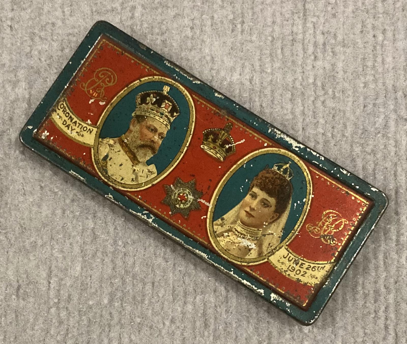 Other angled view of souvenir chocolate tin - Coronation of King Edward VII and Queen Alexandra (1902)
