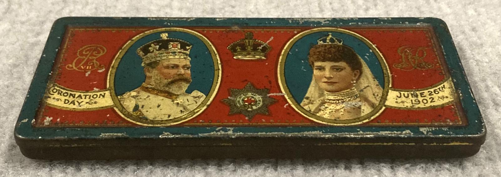 Oblique view from front of souvenir chocolate tin - Coronation of King Edward VII and Queen Alexandra (1902)