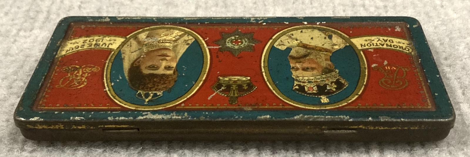Oblique view from back of souvenir chocolate tin - Coronation of King Edward VII and Queen Alexandra (1902)