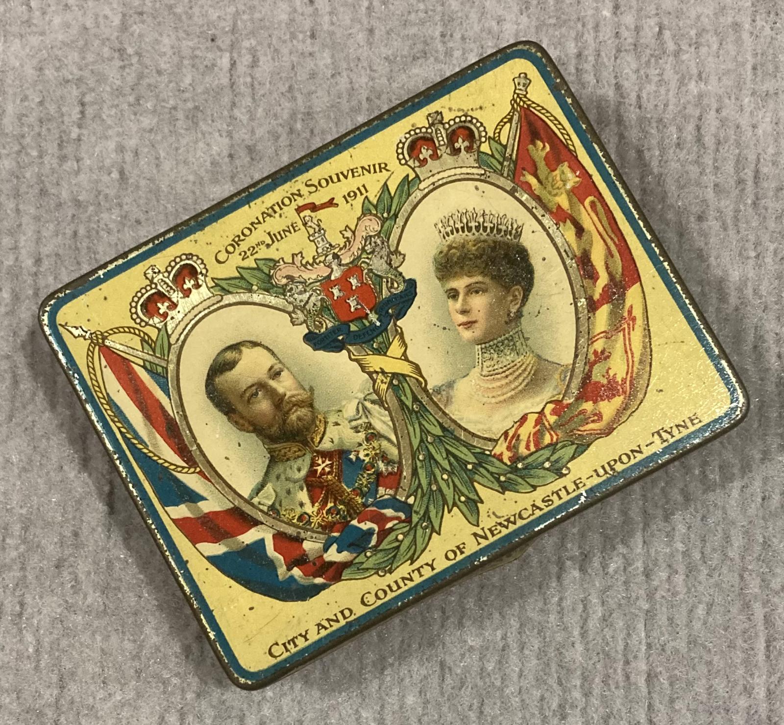 Angled view of souvenir chocolate tin - Coronation of King George V and Queen Mary (1911)