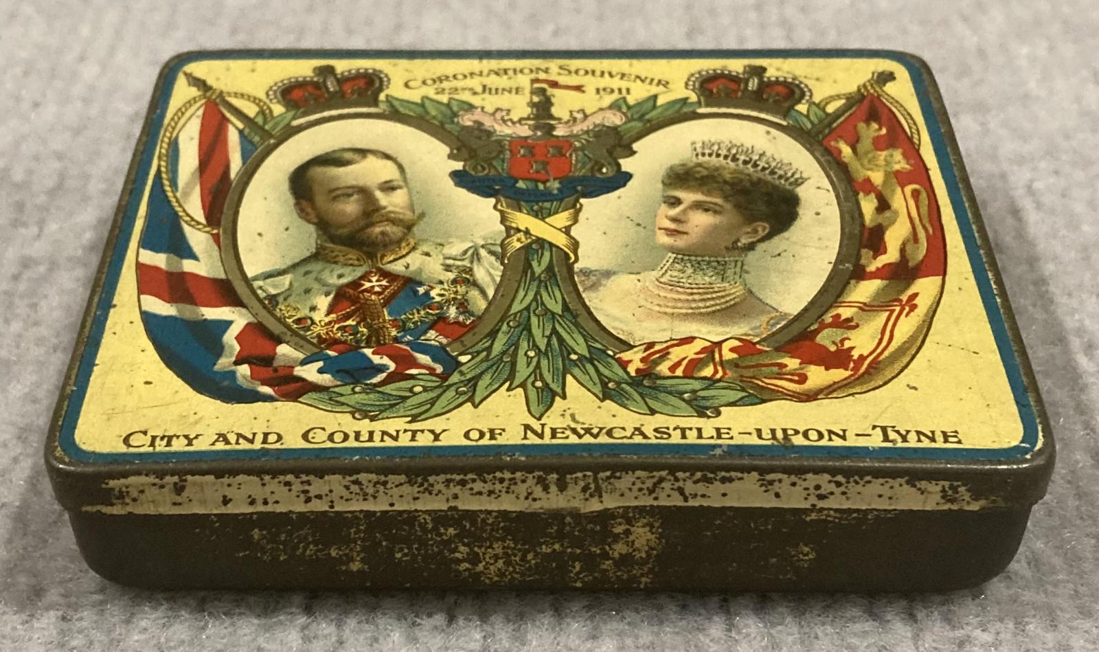 Oblique view from front of souvenir chocolate tin - Coronation of King George V and Queen Mary (1911)