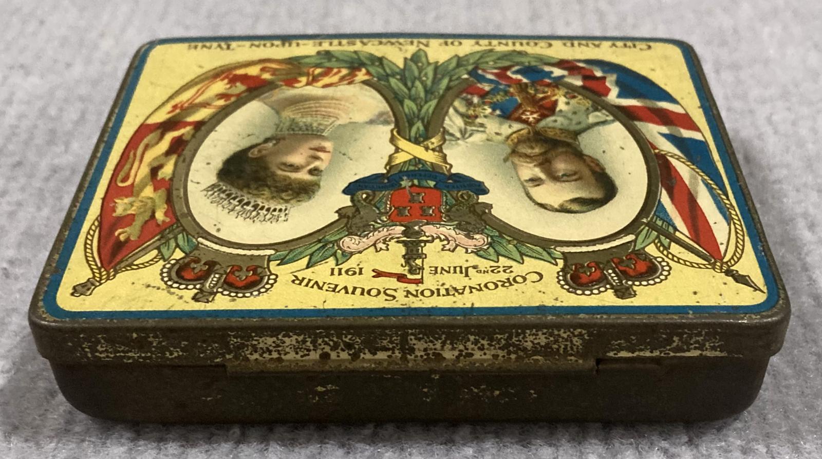 Oblique view from back of souvenir chocolate tin - Coronation of King George V and Queen Mary (1911)