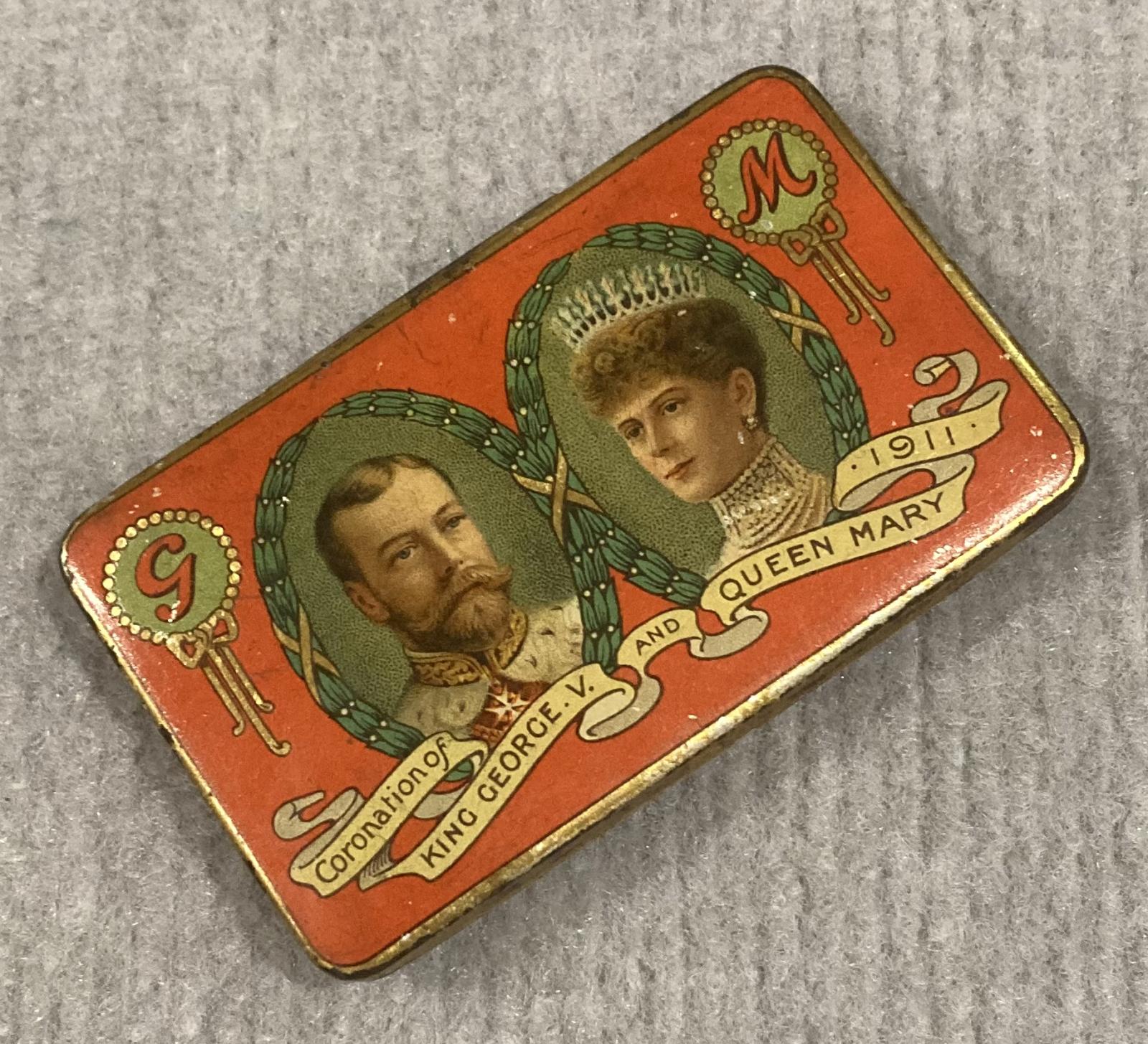 Angled view of souvenir chocolate tin - Coronation of King George V and Queen Mary (1911)