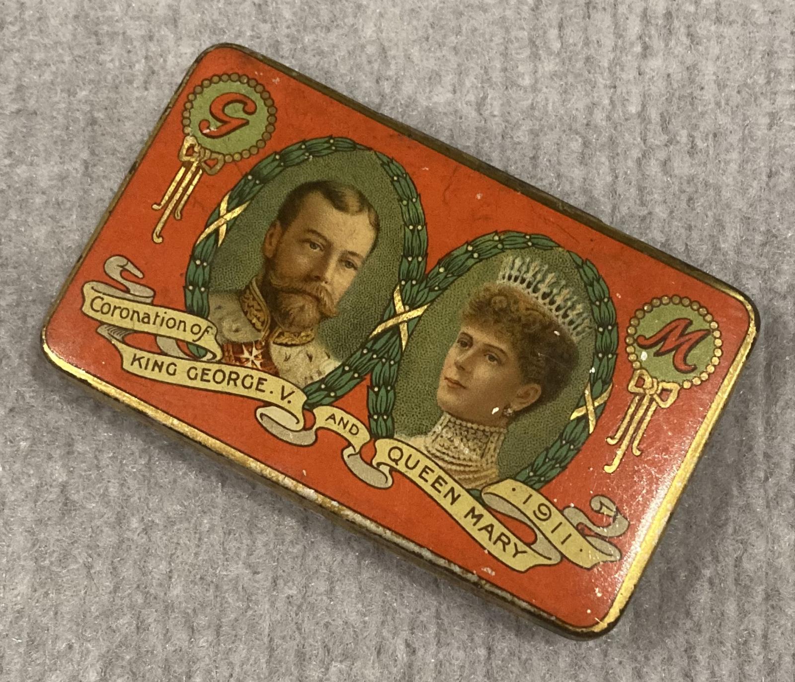 Other angled view of souvenir chocolate tin - Coronation of King George V and Queen Mary (1911)
