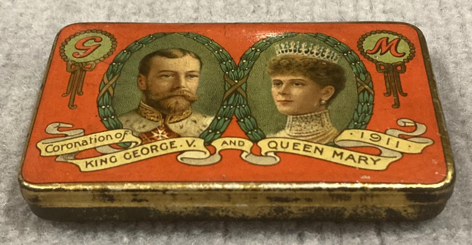 Oblique view from front of souvenir chocolate tin - Coronation of King George V and Queen Mary (1911)
