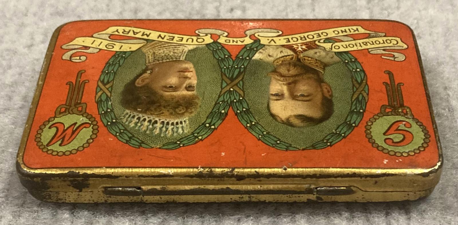 Oblique view from back of souvenir chocolate tin - Coronation of King George V and Queen Mary (1911)