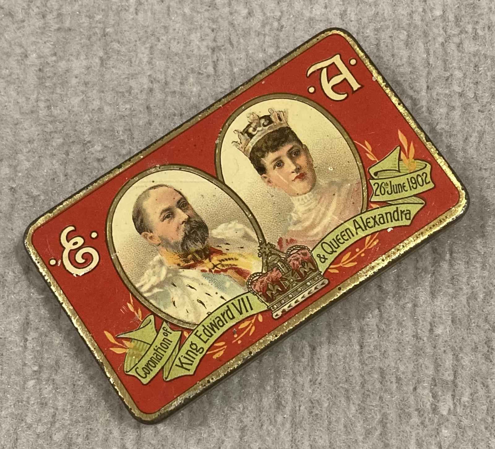 Angled view of souvenir chocolate tin - Coronation of King Edward VII and Queen Alexandra (1902)