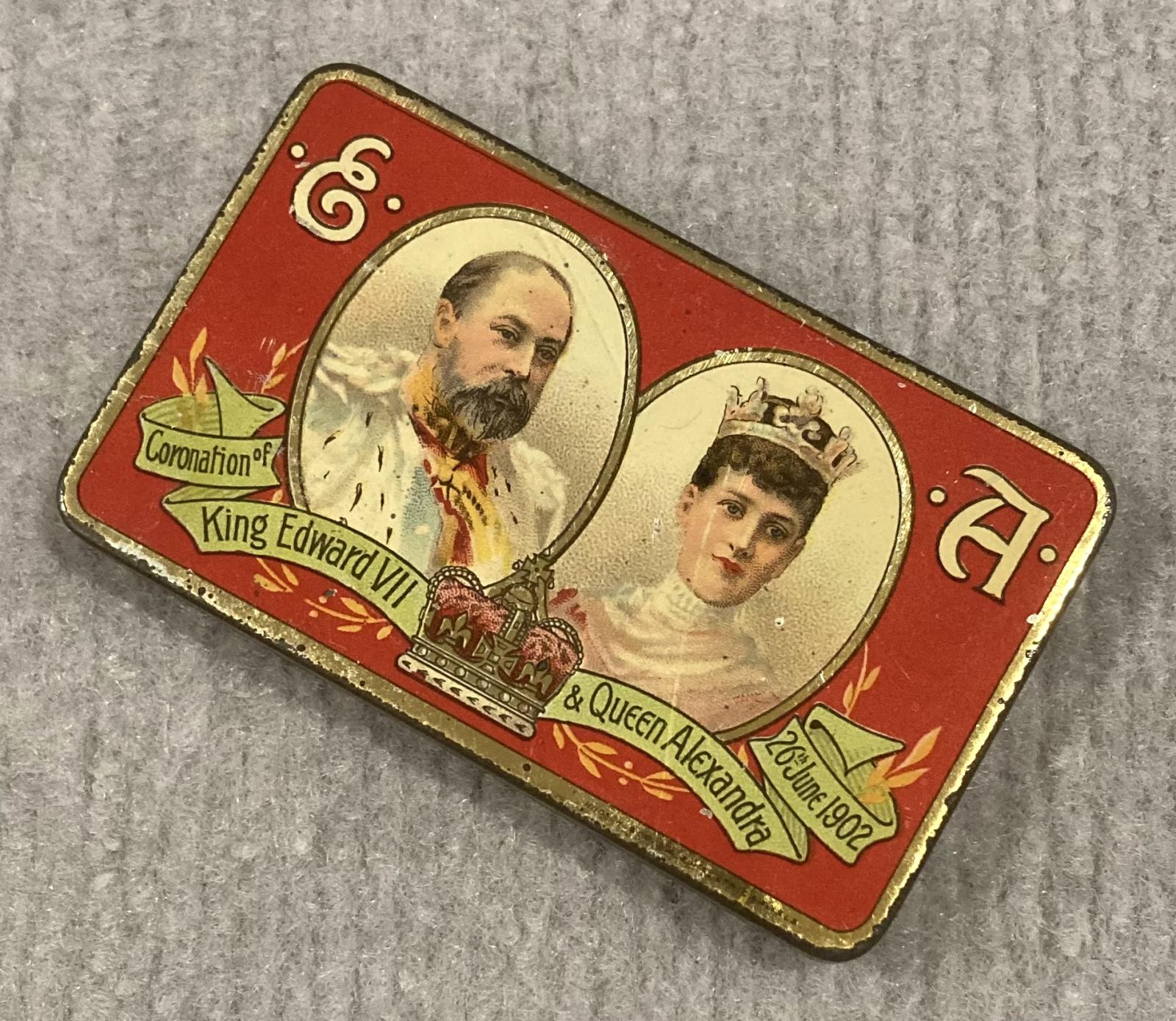 Other angled view of souvenir chocolate tin - Coronation of King Edward VII and Queen Alexandra (1902)
