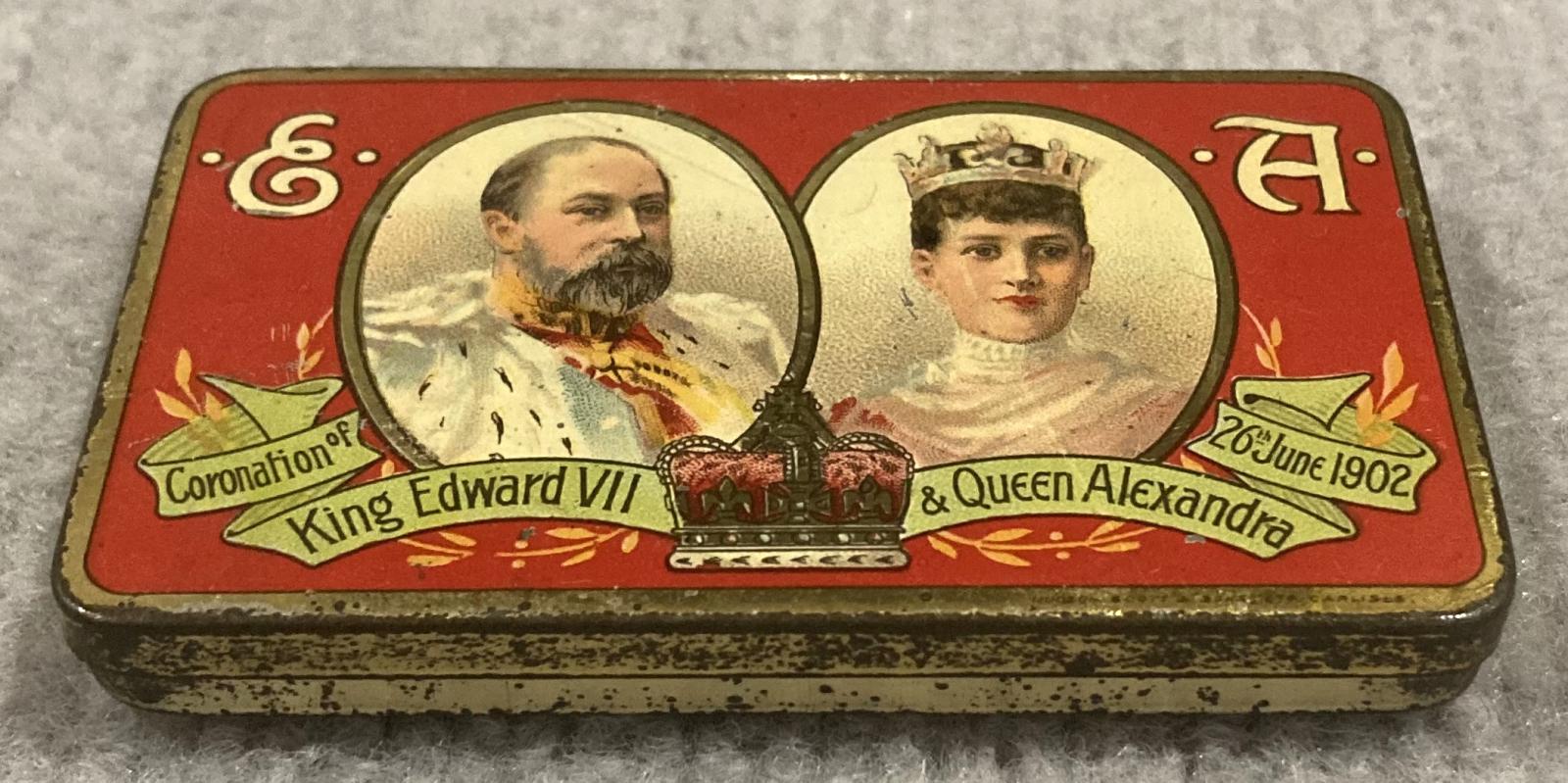 Oblique view from front of souvenir chocolate tin - Coronation of King Edward VII and Queen Alexandra (1902)
