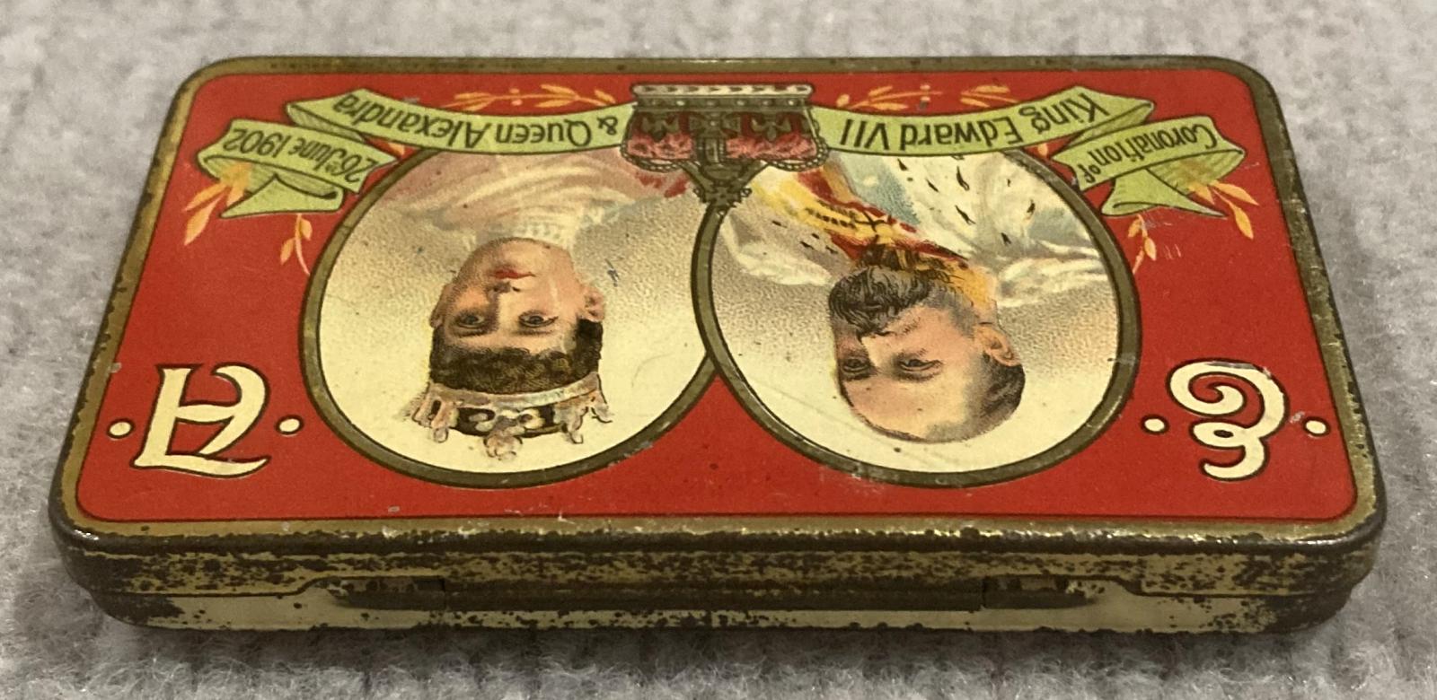 Oblique view from back of souvenir chocolate tin - Coronation of King Edward VII and Queen Alexandra (1902)