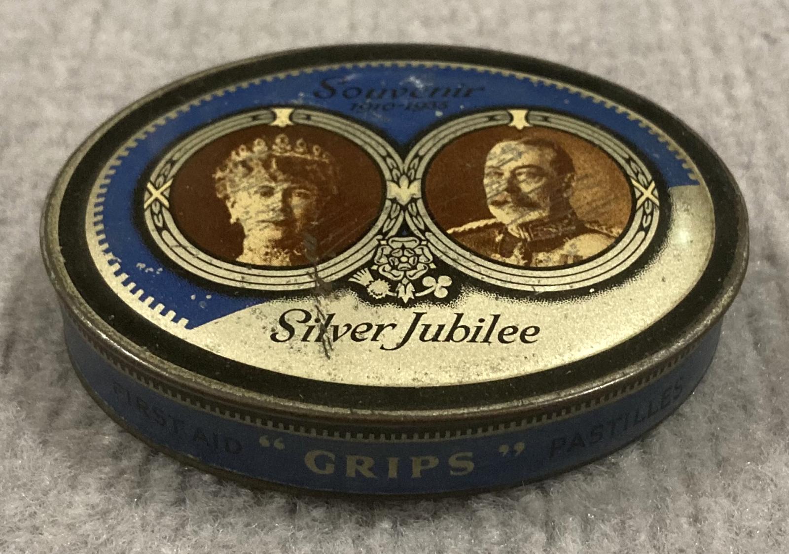 Oblique view from front of souvenir tin - Silver Jubilee of King George V and Queen Mary (1910–1935)
