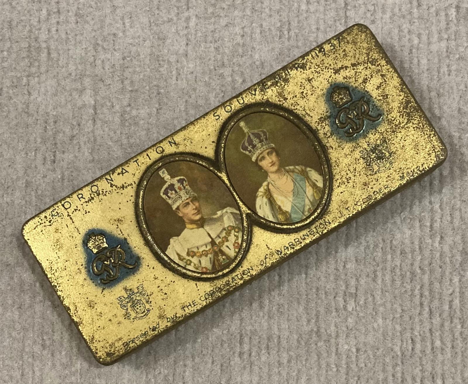Angled view of commemorative chocolate tin - Coronation of King George VI and Queen Elizabeth (1937)