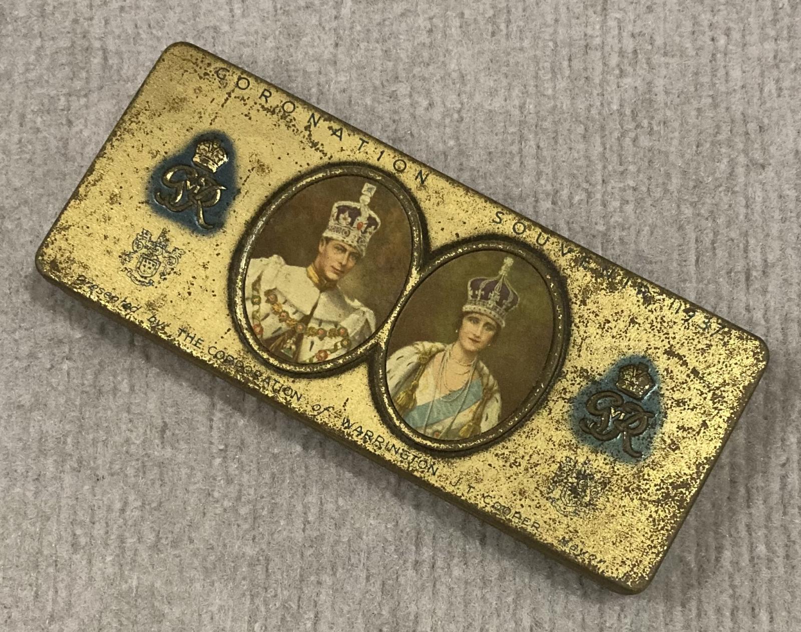 Other angled view of commemorative chocolate tin - Coronation of King George VI and Queen Elizabeth (1937)