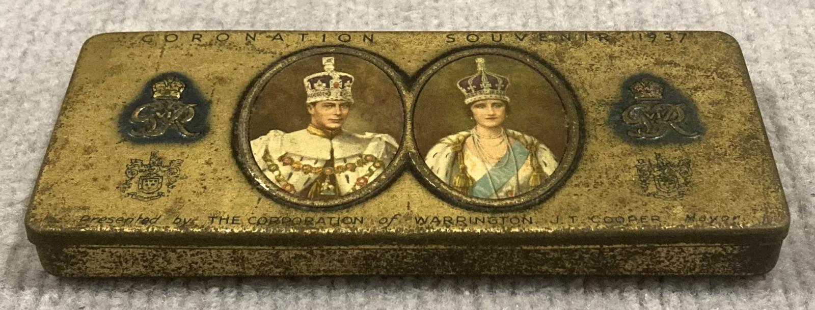 Oblique view from front of commemorative chocolate tin - Coronation of King George VI and Queen Elizabeth (1937)