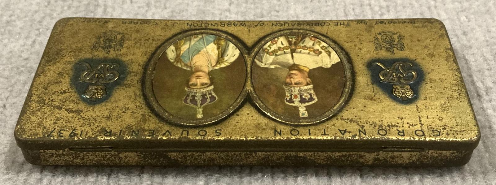 Oblique view from back of commemorative chocolate tin - Coronation of King George VI and Queen Elizabeth (1937)