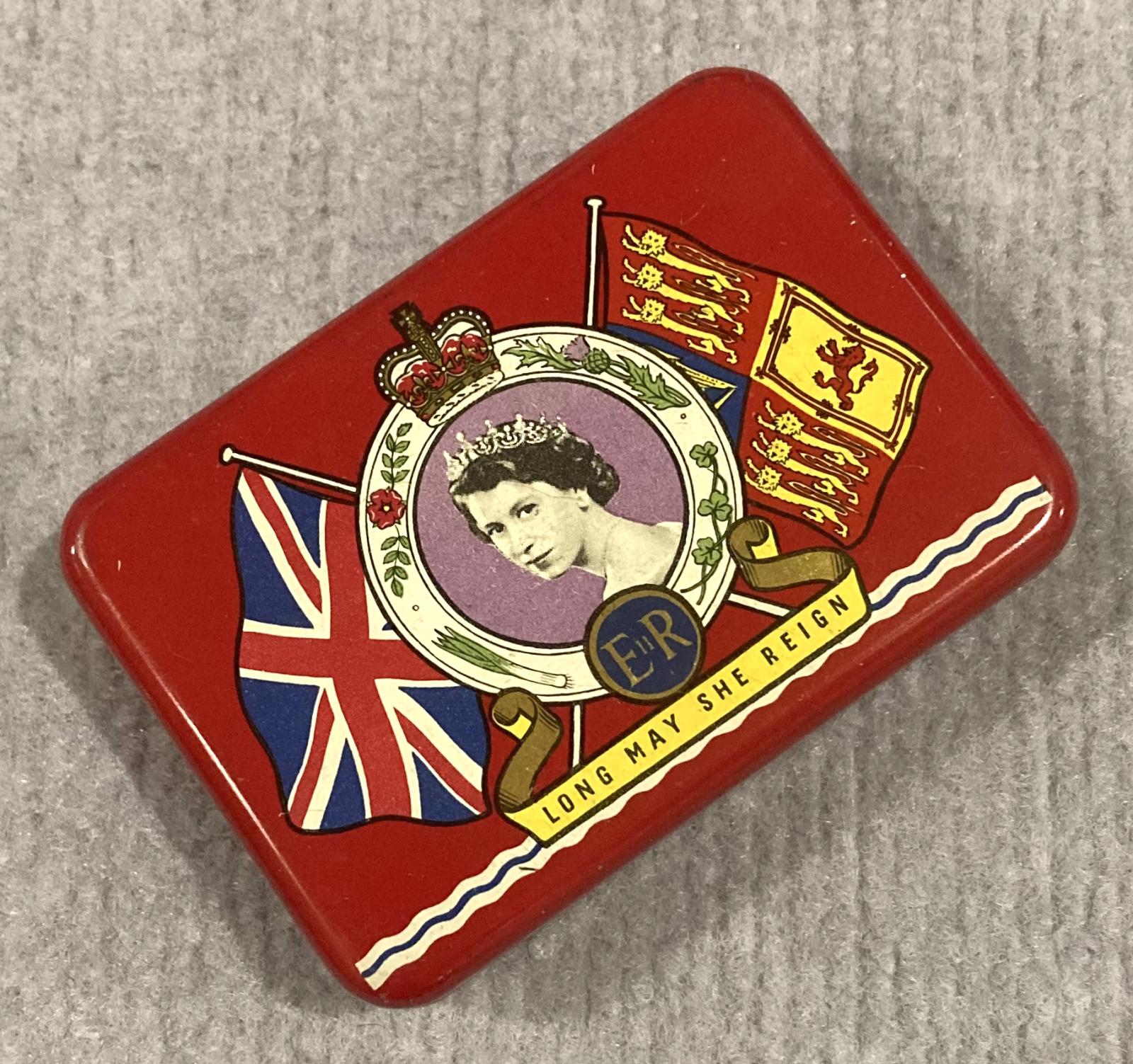 Angled view of souvenir tin - Coronation of Queen Elizabeth II (1953)