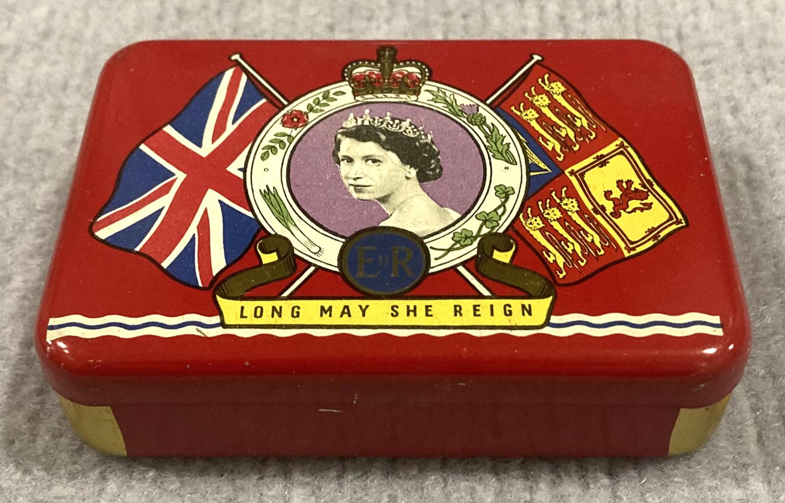 Oblique view from front of souvenir tin - Coronation of Queen Elizabeth II (1953)