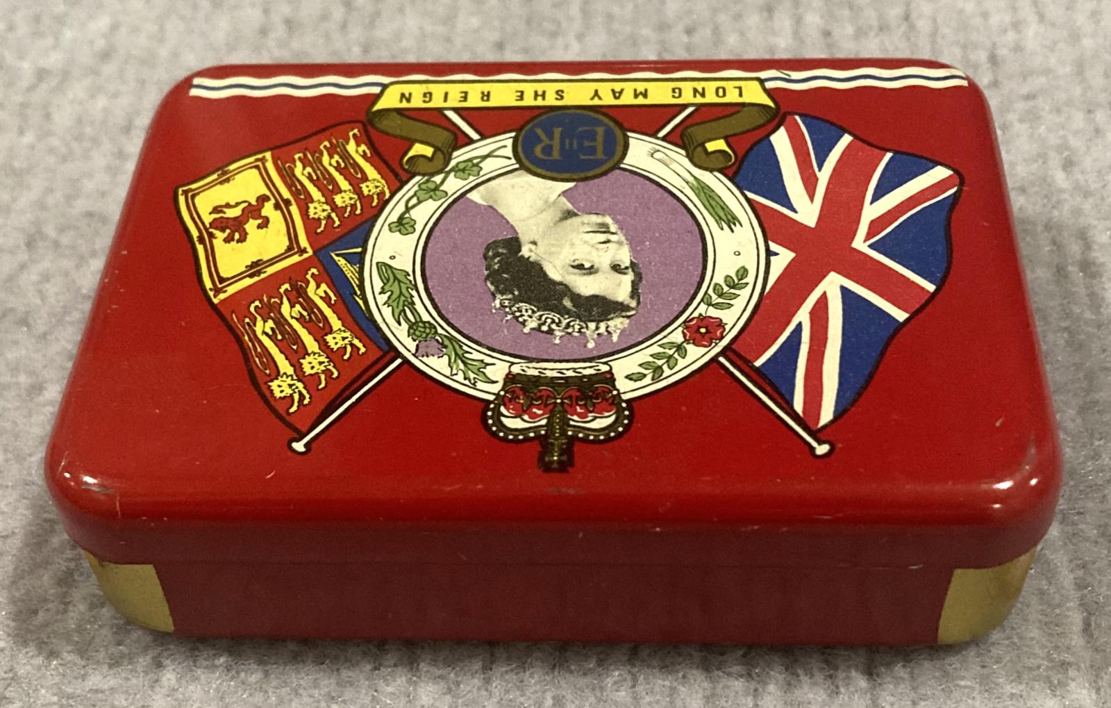Oblique view from back of souvenir tin - Coronation of Queen Elizabeth II (1953)