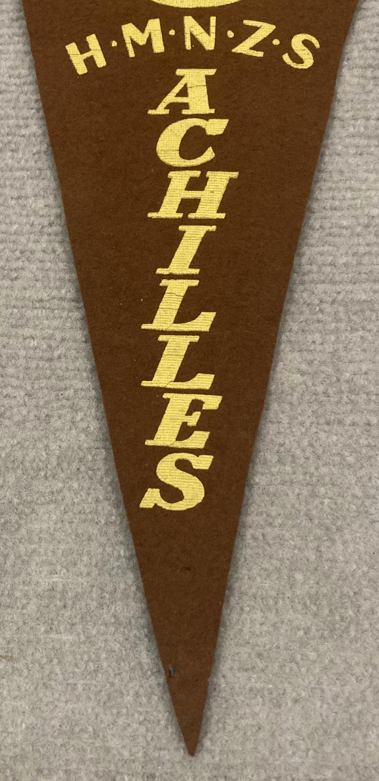 Close up of lower section of souvenir felt naval pennant - HMNZS Achilles