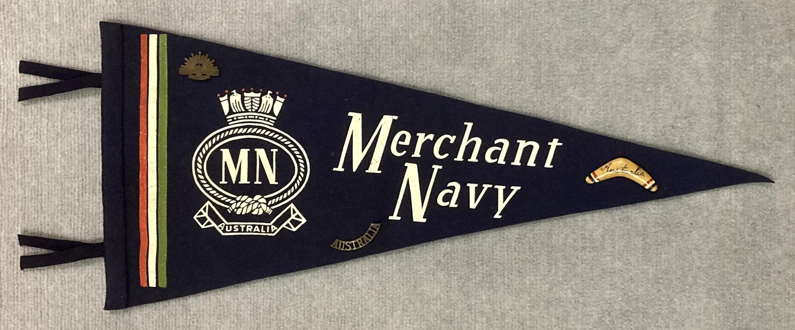 Souvenir felt naval pennant with attached badges - Merchant Navy 