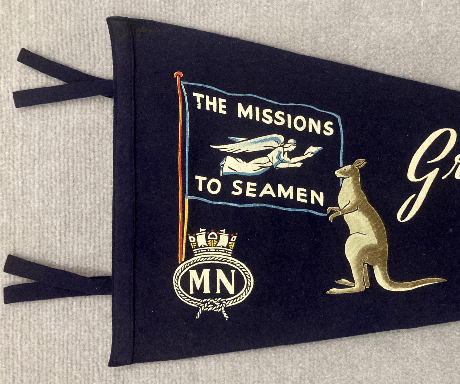 Close up of left end of souvenir felt naval pennant  - The Missions to Seamen