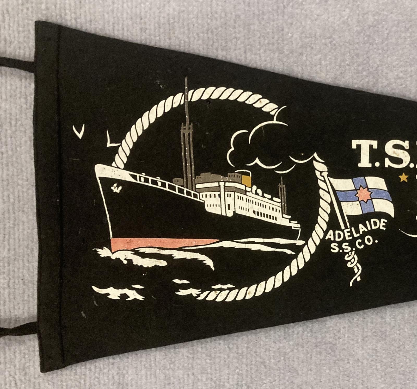 Close up of left end of souvenir felt pennant  - TSMV Manoora