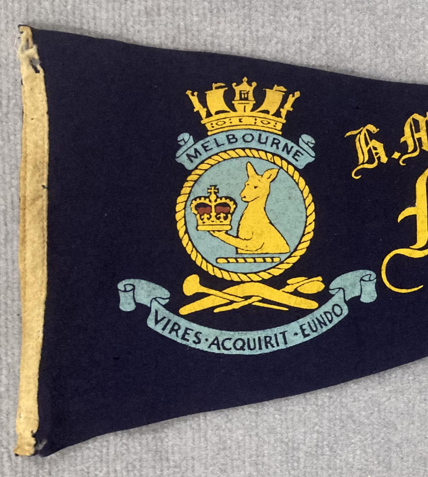 Close up of left end of souvenir felt naval pennant - HMAS Melbourne