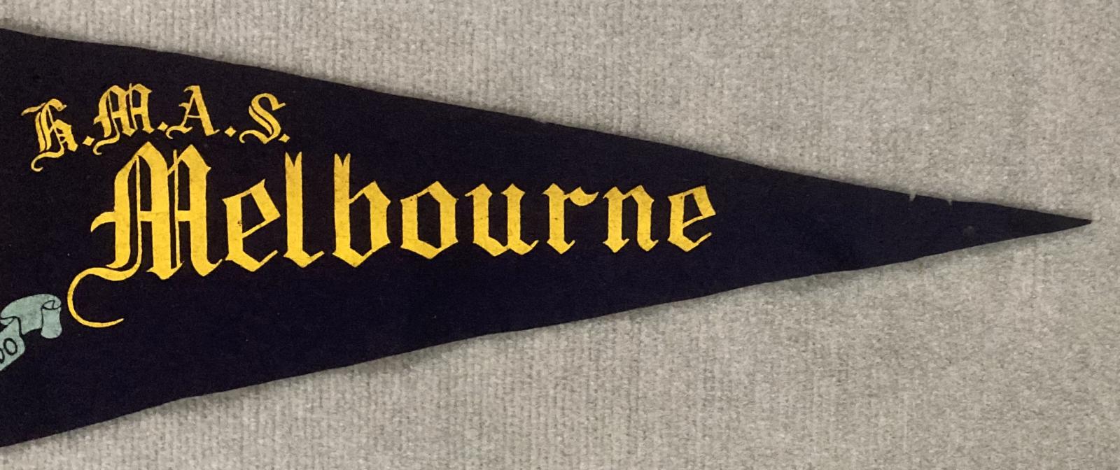 Close up of right end of souvenir felt naval pennant - HMAS Melbourne