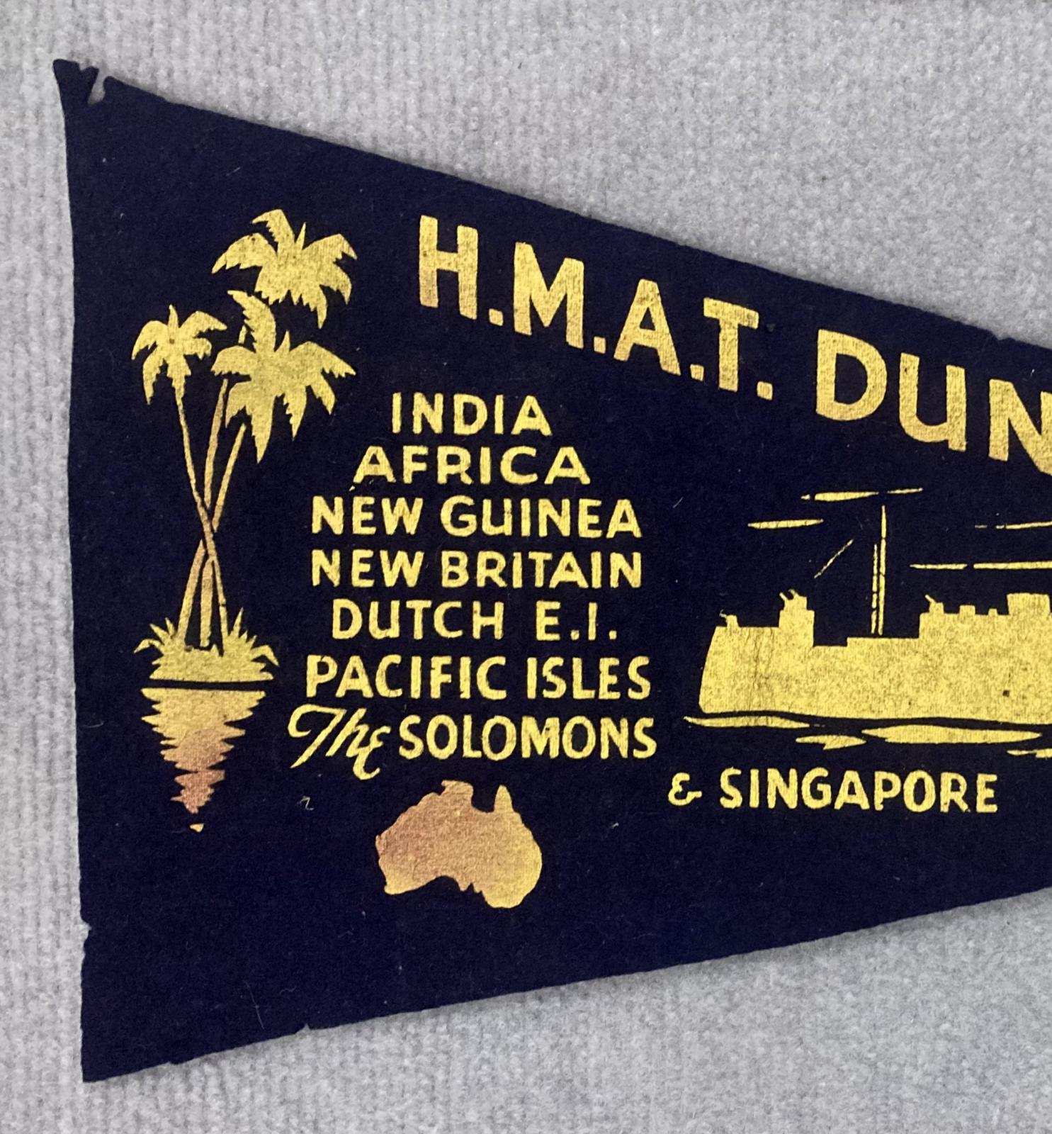 Close up of left side of souvenir felt naval pennant - HMAT Duntroon