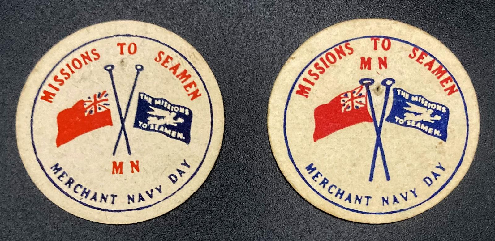 Both varieties of Missions to Seamen Merchant Navy Day Appeal pins