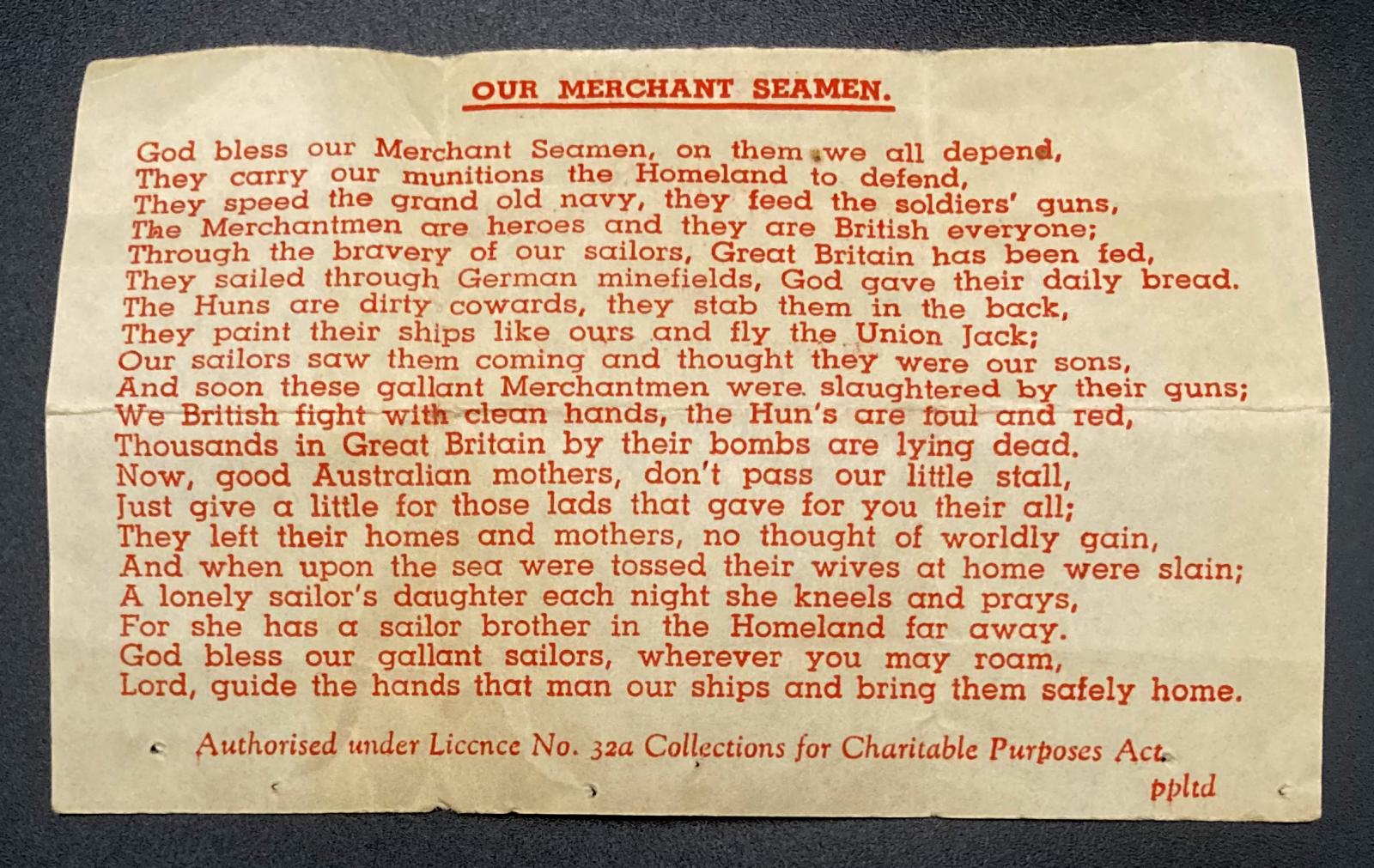 Reverse of British Sailors' Society - Ladies City Auxiliary Christmas Appeal - unfolded showing verse