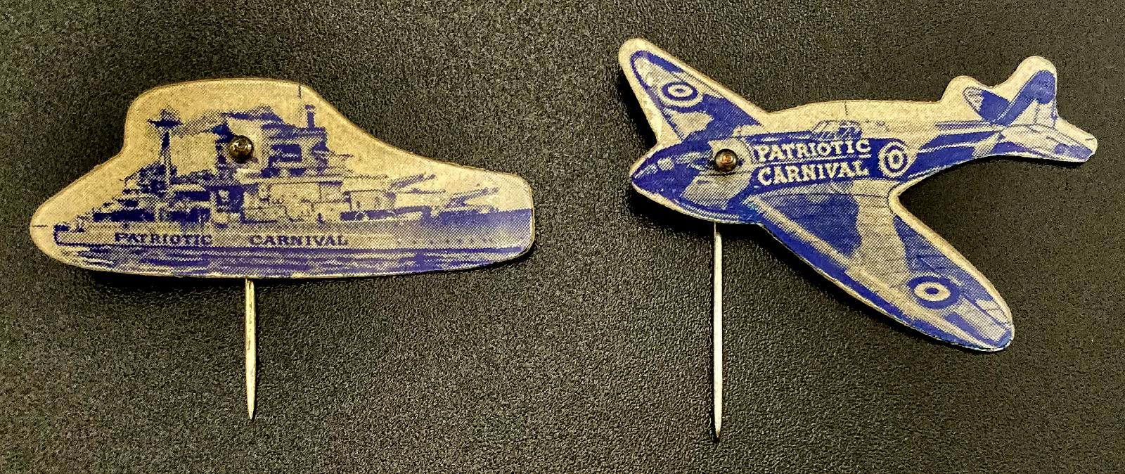 Patriotic Carnival celluloid fundraising pins - ship and plane