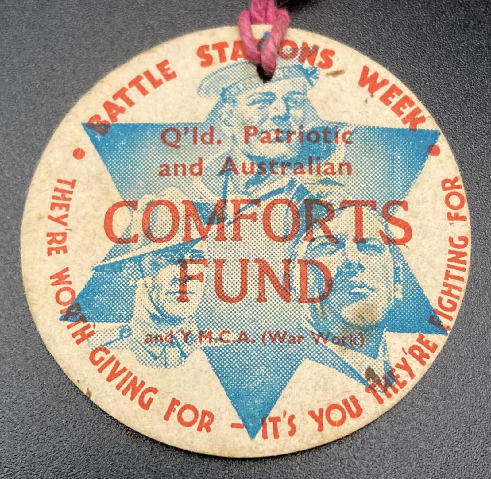 Close up of WWII era paper fundraising tag - Battle Stations Week
